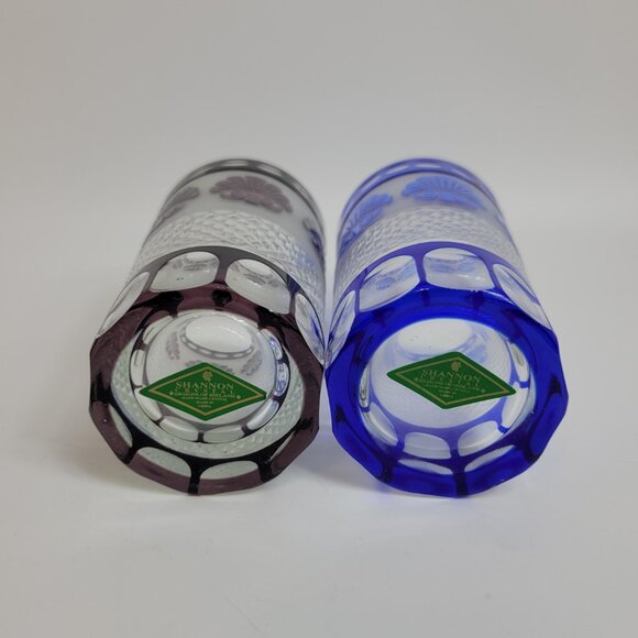 2 Godinger Shannon Crystal Clam Shell Cut to Clear Blue Amethyst Highball Glass - Picture 3 of 4